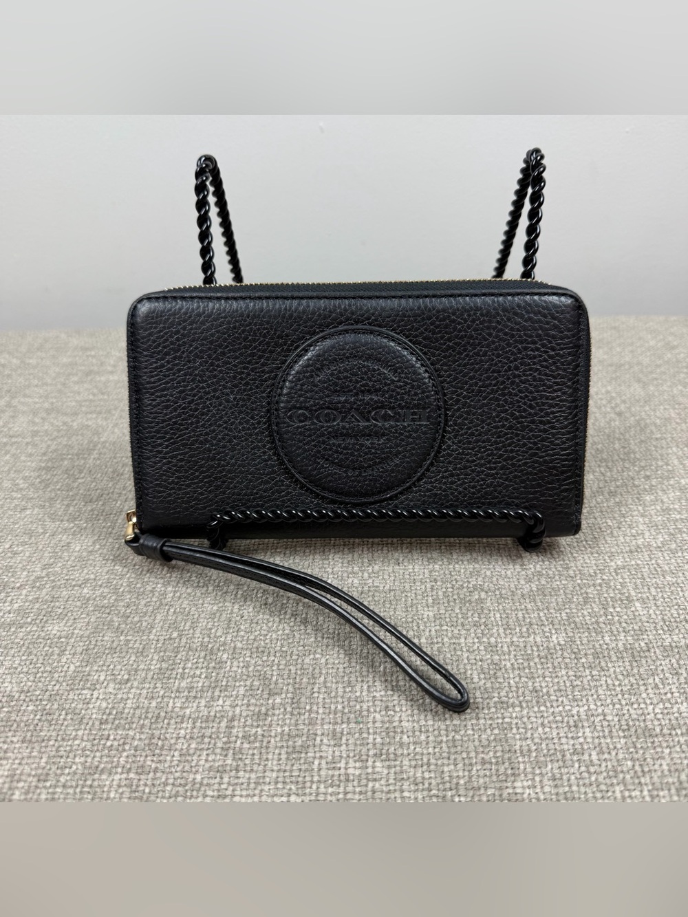 Coach Dempsey Large Phone Wallet Wristlet Black Pebbled Leather Zip Around